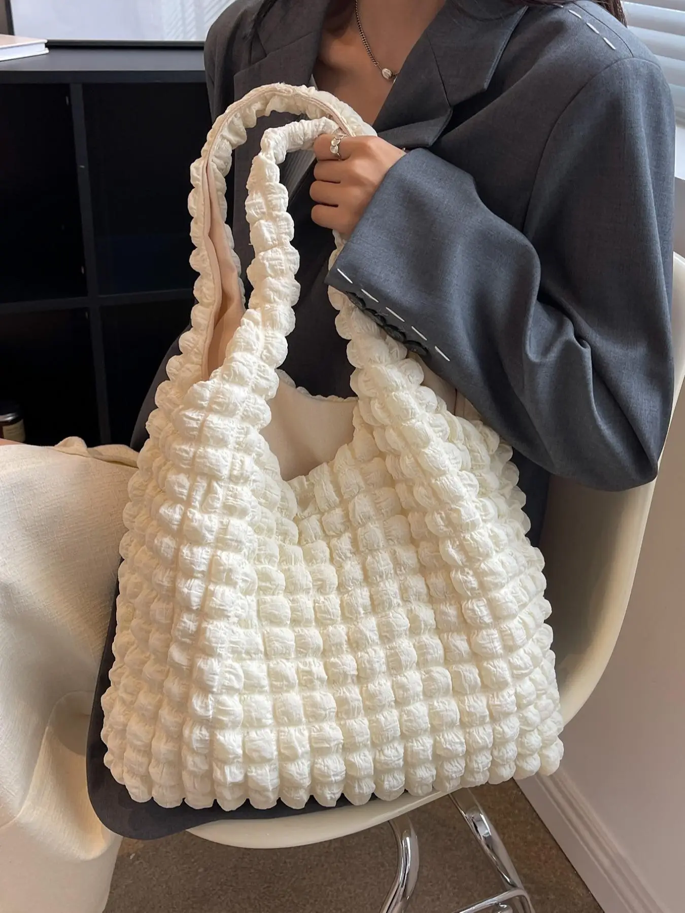 Summer Fashionable Jacquard Solid Tote Bag, Large Capacity Casual Versatile Shopping Bag, Elegant And Versatile Handbag For Women