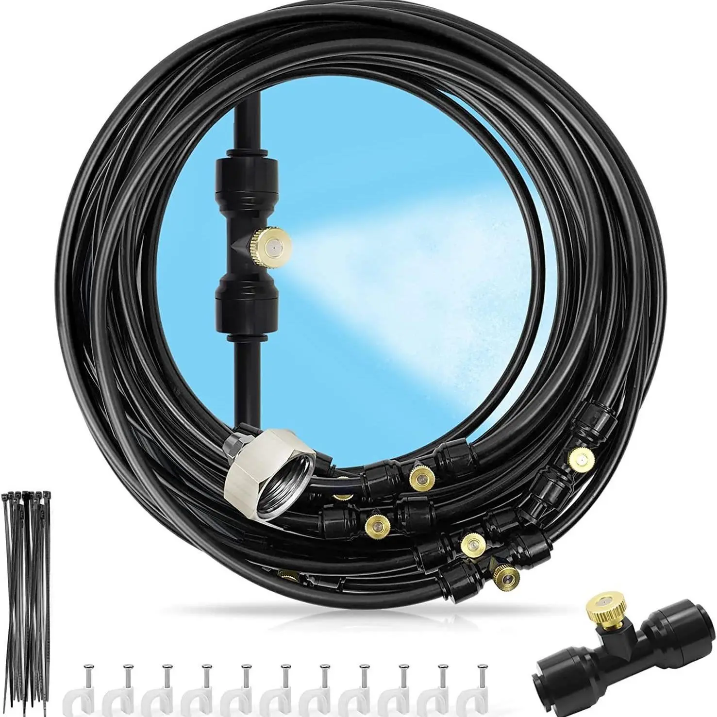 98Ft DIY Misting Cooling System Kit with Brass Nozzles, UV-Resistant PU Tubing, 3/4'' Brass Tap Connection, Customizable Easy-Install Sprayers for Outdoor Patio & Landscaping, Energy-Saving Humidity Control, Strong Atomization, Environmental Protection