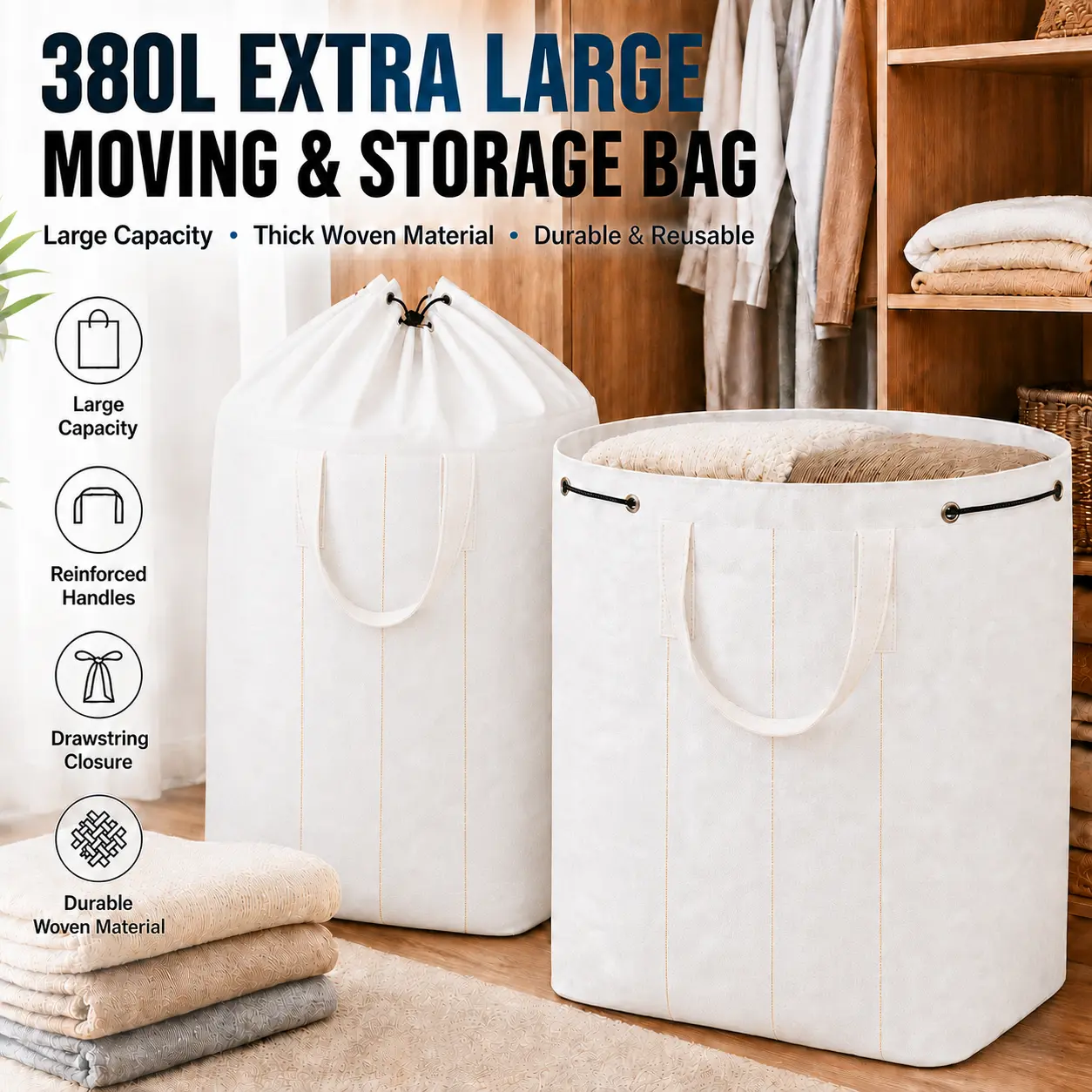 MeToMe 1-Pack 380L Moving Bags, foldable drawstring storage bag with handle,Waterproof Foldable Organizers for Clothes, Bedding, Home, Office and Travel, Space-Saving