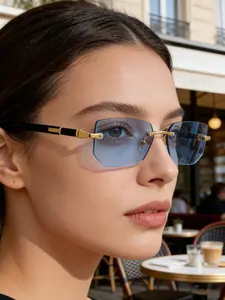 Women's Elegant Rimless Sunglasses, Gold Metal Frame Square Fashion Glasses, Stylish Shades for Beach Vacation, Summer & Gift for Her