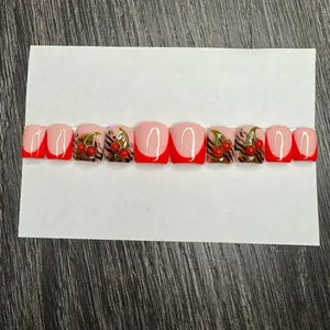 Cherry Bomb Red French Tips Press On Nails with Floral Design and Leopard Print Accents for Stylish Manicures