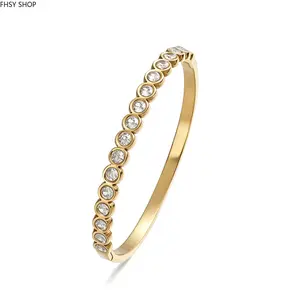 FHSY SHOP Sleek Half Eternity CZ Bangle Polished Gold Plated Bezel Crystal Bracelet for Evening Outfits, Bridal Jewelry & Minimalist Style