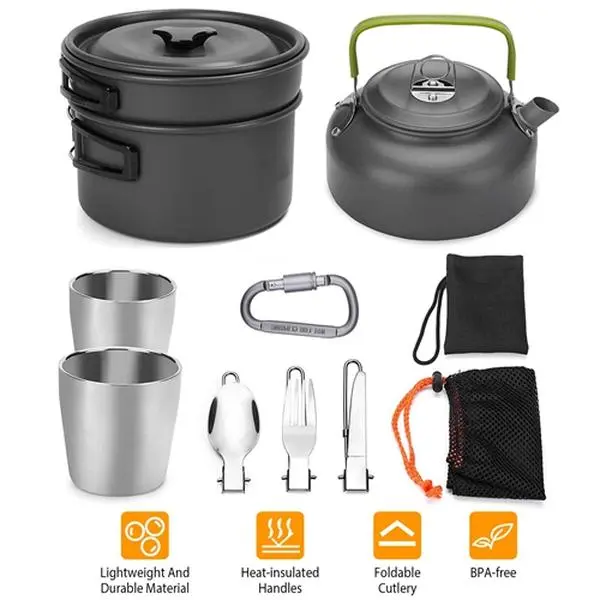 12-Piece Camping Cookware Set - Aluminum & Stainless Steel Camping Equipment, Compact Foldable Tools, Easy Clean Outdoor Cooking System, Perfect Gift Choice for Backpacking & Hiking (Model 3391)