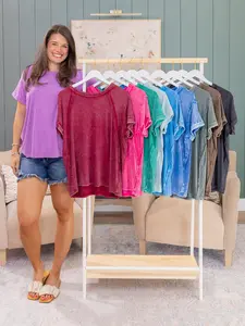 Zenana Washed Ribbed Cuffed Short Sleeve Round Neck Top | S/M-2X/3X