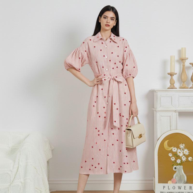 Valentine's Day Women's Pink Plaid Print Button Down Shirt Dress with Belt & Pocket 70% Polyester 30% Cotton Comfortable Maxi Dress