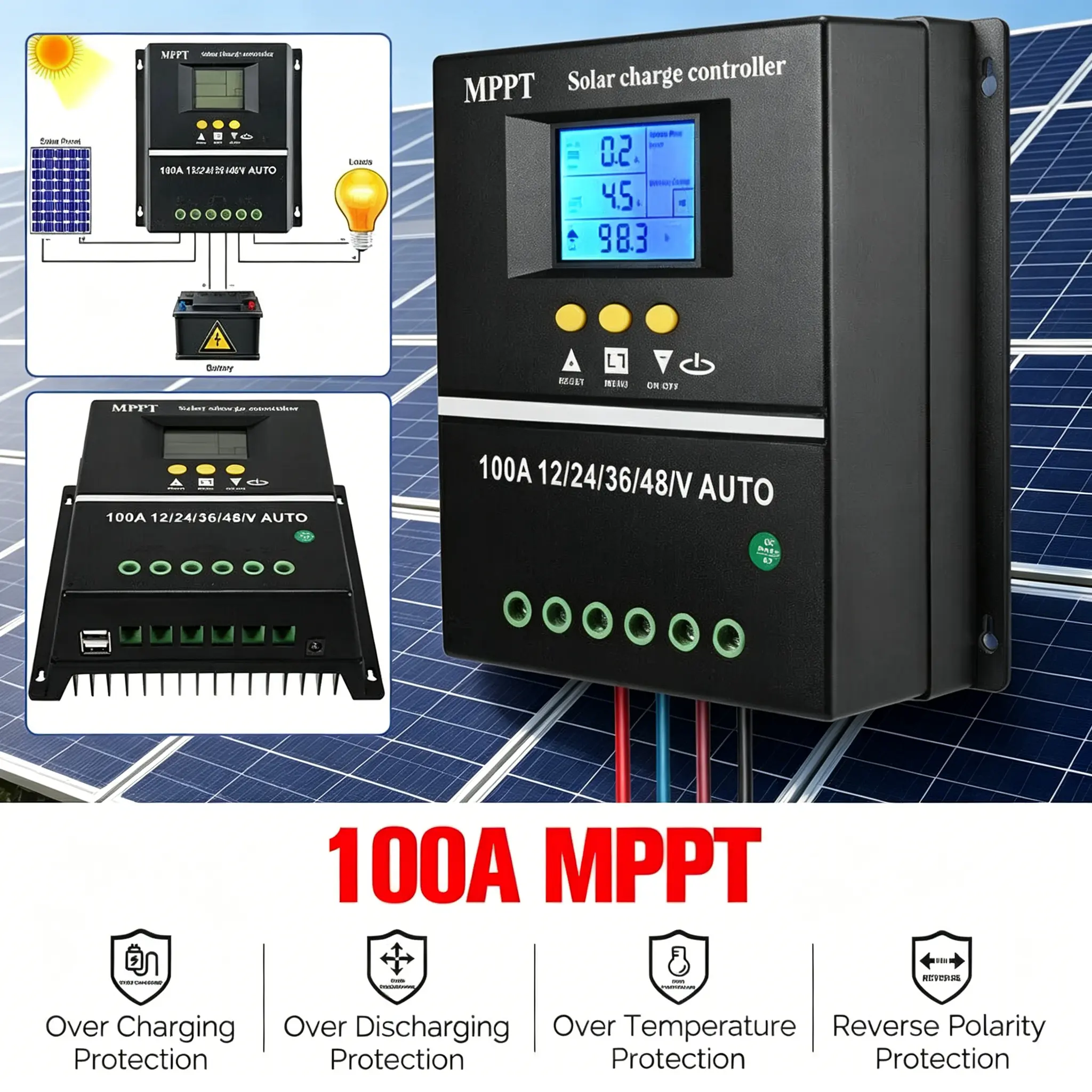 4000W 100A MPPT Solar Charge Controller 12V/24V/36V/48V PV Battery Regulator with USB Fast Charging
