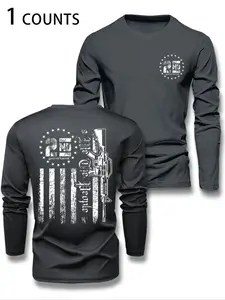 Men's Fashion Spring & Fall Long Sleeve T-Shirt, Casual Fitted Round Neck Tee with Graphic Print, Trendy Street Style, Casual Streetwear Top