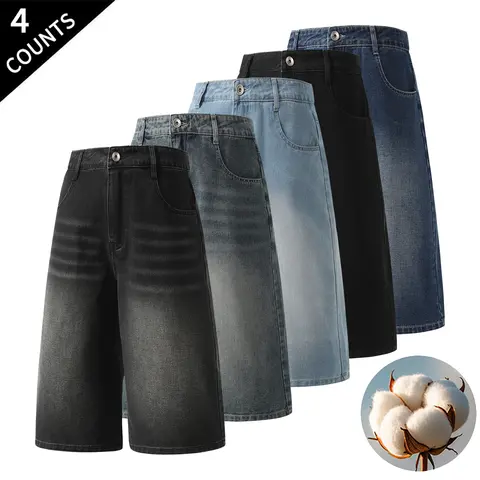 Men’s 4-Pack Cotton Denim Jean Shorts - 4-Pack Color Mix, Vintage, Loose-Fitting Wide-Leg, Athletic, Basic, Casual Streetwear, Knee-Length, Summer Everyday Outfits Menswear