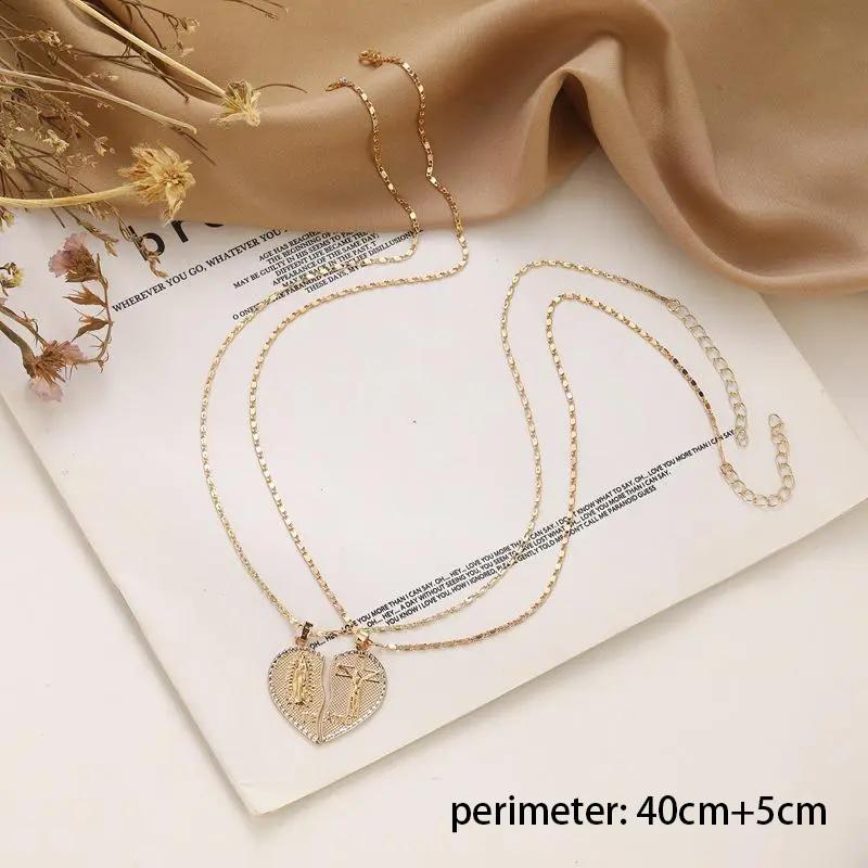 LUNJUN S Virgin Mary Heart Necklace 18K Gold Plated Double Chain Combination Prayer Pendant for Women & Men TE AMO Inscribed Couple Necklace Religious Symbolism Elegant Dual Heart Design 45cm Chain Length
