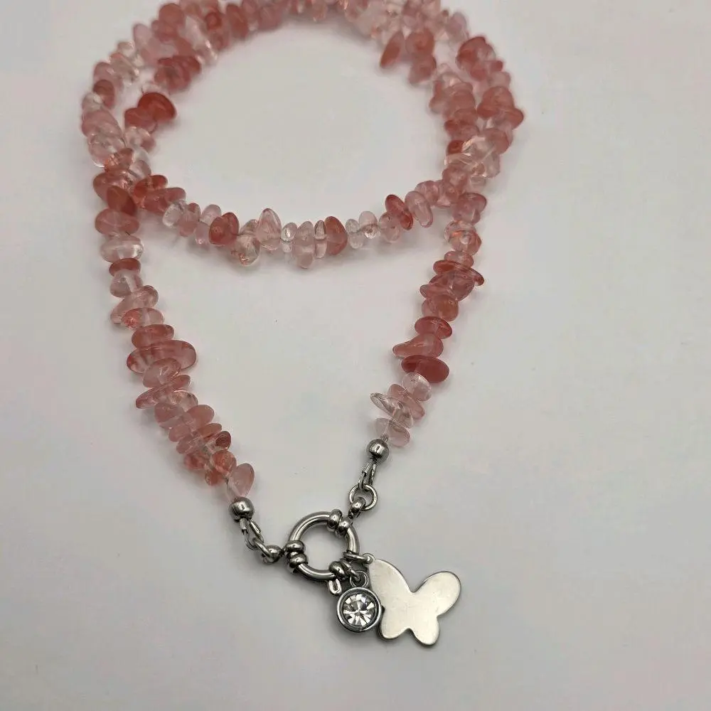 Strawberry Quartz Chip Bead Necklace – Handmade 20" with Butterfly & Rhinestone Charms