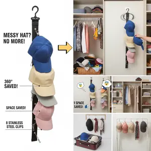 Oxford Cloth Hat Organizer Hanger – 8-Clip Baseball Cap Holder for Closet & Wall – 360° Rotating Storage Rack for Sun Hats, Beanies, & Accessories – Space Saving Hanging Display (28.5" Length)