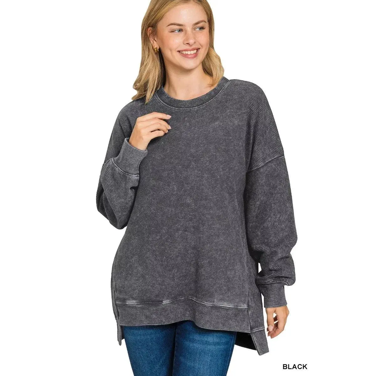 Zenana Full Size Acid Washed Double Ribbed Hi-low Sweatshirt Plus Size