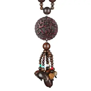 Elegant Car Rearview Mirror Holder, Intricate Gourd Carving with 6 Natural Pendants, Wooden Gourd Opens for Perfume, Freshen Your Car Interior