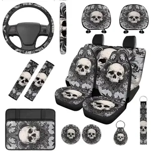 Gothic Skull Car Seat Covers Set with Steering Wheel Cover Auto Seat Belt Covers Cup Holder Pads Keychain Skull Automotive Protector Set Unverisal Fit Cars SUV Van Sedan 14 Pcs, Black