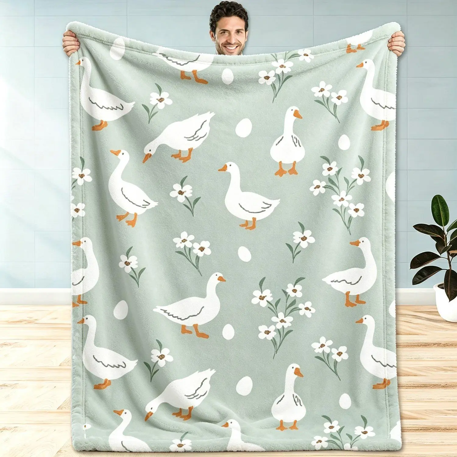 Cute White Goose Daisy Floral Print Soft Flannel Throw Blanket Lightweight Cozy Plush Blanket For Couch Bed Sofa Aesthetic Home Decor Warm Gift For Family
