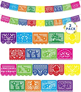 36 FT Cinco De Mayo Decorations, 2 Pack Mexican Party Banner, Plastic Fiesta Banner Colorful Papel Picado Hanging Banner String Flags Mexican Theme Party Dia De Los Muertos Day of the Dead Decor
