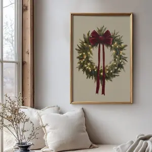 (No Frame) Burgundy Bow Christmas Wreath Wall Art Rustic Holiday Print Cozy Winter Greenery Decor Farmhouse Christmas Artwork