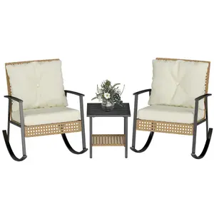 Outdoor Rocking Chair Set with Table - 3 Piece PE Wicker Patio Furniture, Comfortable Cushioned Rockers & Two-Tier Side Table for Porch, Backyard, Balcony Decor (Beige)