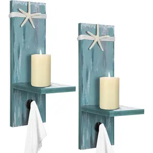 SiliFine 2 Set Starfish Wall Candle Sconces with Towel Hook, Ocean Wall-Mount Candle Holders Coastal Farmhouse Beach Nautical Decorations for Bathroom Hallway Living Room Bedroom Kitchen