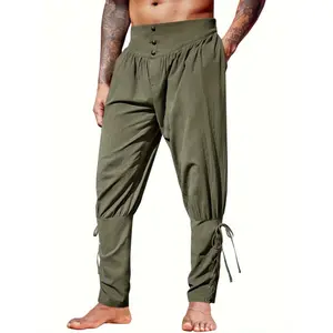 Men's Medieval Viking Pirate Costume Pants - Olive Green Adjustable lace-up trousers, Historical Renaissance Renaissance Festival Attire,  Buckle Waistband Knit Menswear Uniform Beige Fabric Pocket Plain