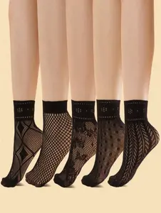 5 Pairs Of Women Lace Edge Short Fishnet Stockings, Fashionable And Suitable For Daily Use