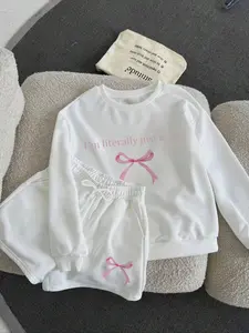 Women's White Crewneck Long sleeve Sweatshirt & Jogger Pants Co-ord Set, 'I’m literally just a girl' Slogan, Pink Bow Graphic, Girly Aesthetic Loungewear, Soft Comfortable Fabric, Perfect for Daily Wear, Casual Outfits & Girly Style Enthusiasts