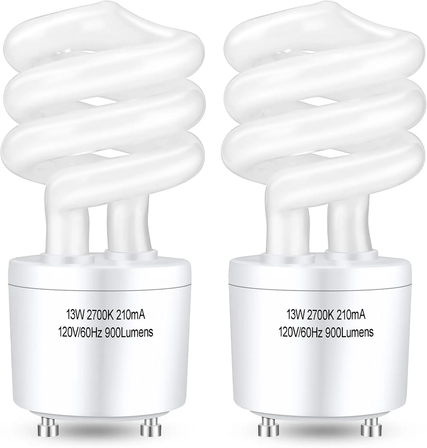 CFL Light Bulbs GU24 Base, T3 Spiral 13Watt (60Watt Equ) Soft White 2700K 900lm Compact Fluorescent Light Bulbs, UL Approved, 120v 60Hz, Self Ballasted CFL Bulbs, Pack of 2