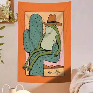 1 Piece Fun Cowboy Frog and Cactus Tapestry Wall Decor - Bright Orange Humorous Art Decoration, Suitable for Bedroom, Living Room, Dormitory - Perfect Gift for Home Decor, Dorm Accessories | Fantasy Design | Fun Artwork, Cactus Decoration