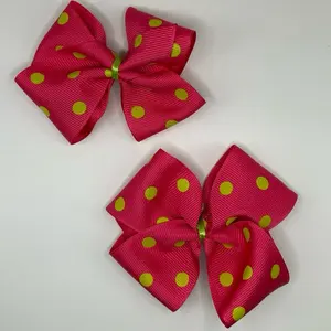 Pink and green polkadot hair bows (2 bows)