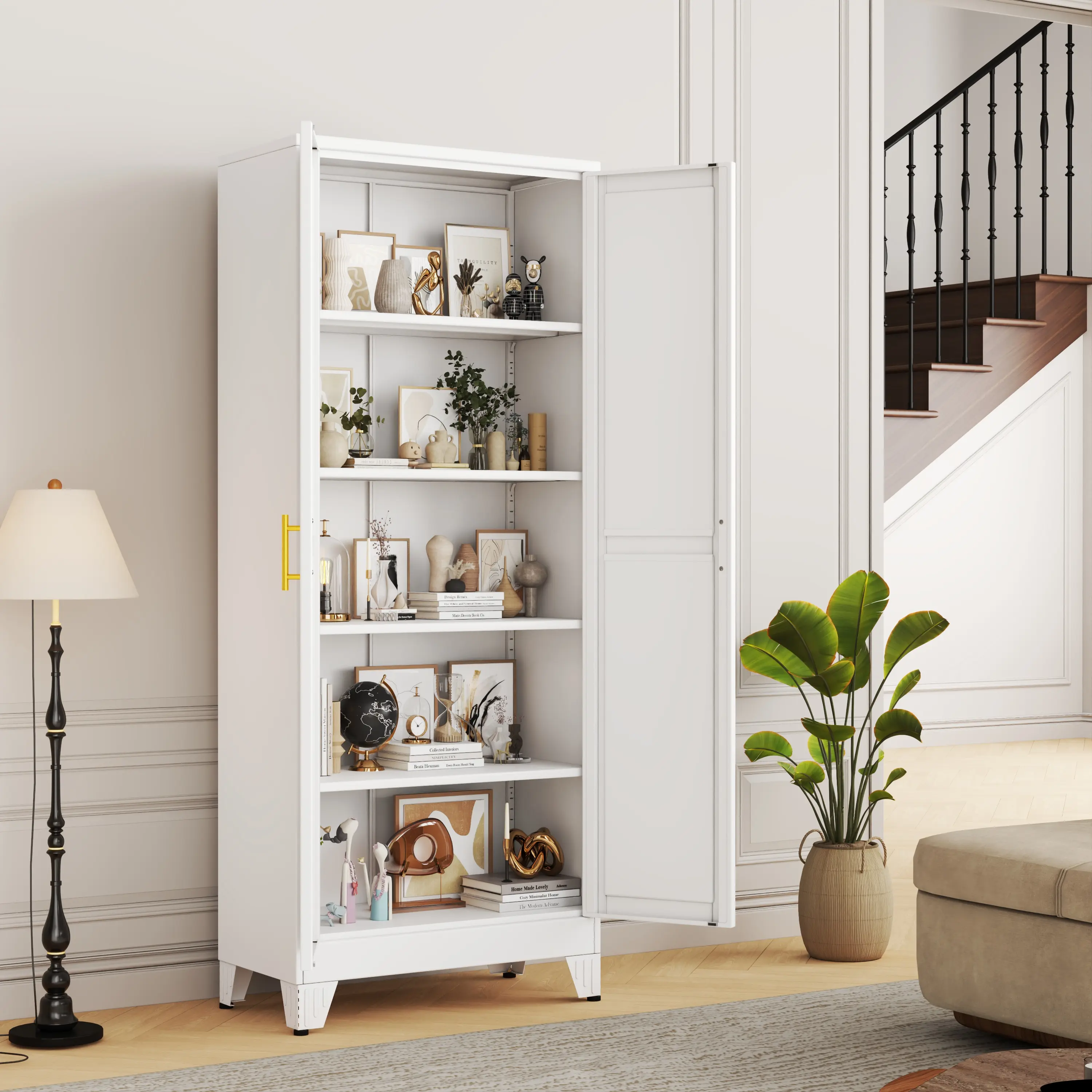 71"  Freestanding Kitchen Pantry Cabinet, 5-Tier Multifunctional Steel Storage Cupboard with 2 Doors & 4 Adjustable Shelves for Dining Room & Office