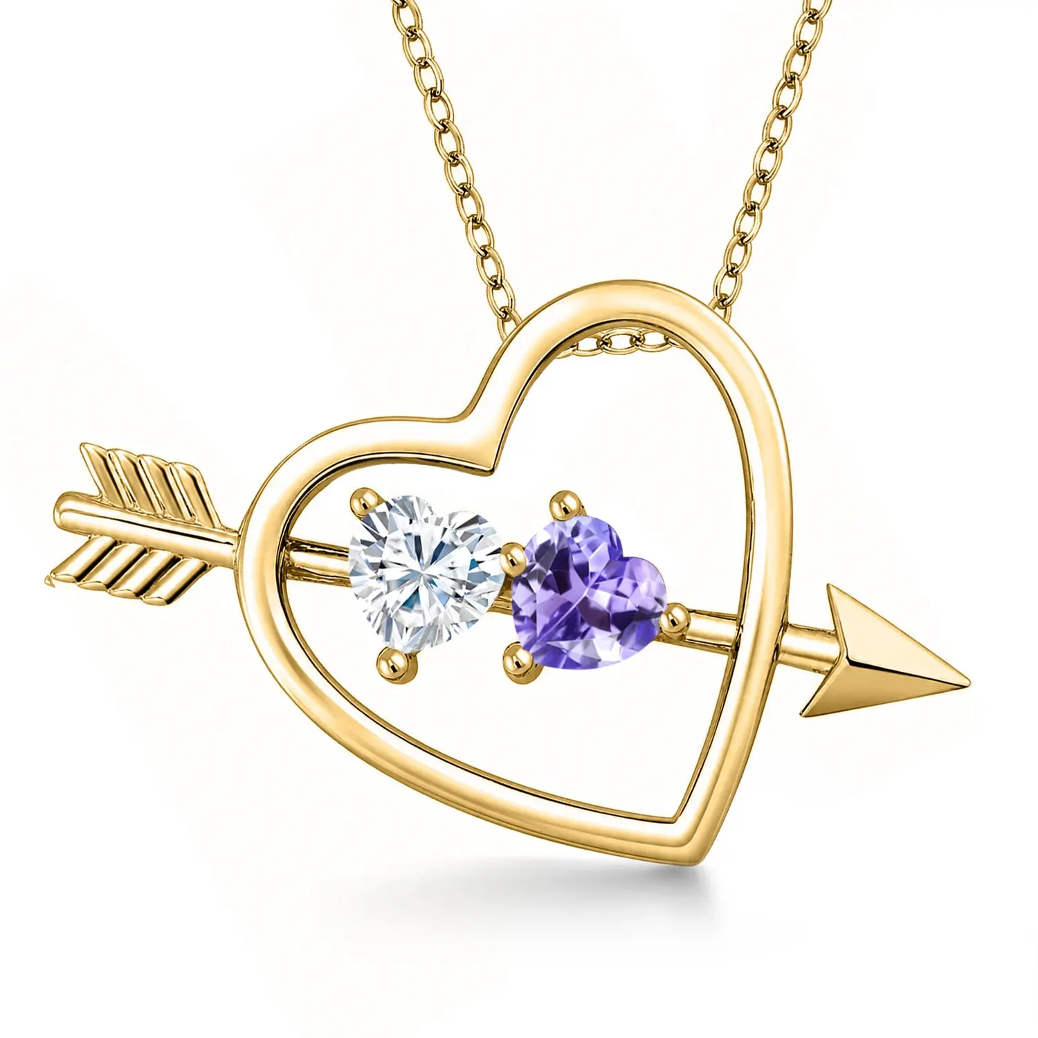 18K Yellow Gold Plated Silver Blue Tanzanite Pendant with Chain Set with Moissanite (0.92 Cttw)