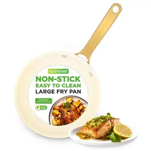 12" Non-Stick Frying Pan with Golden Handle | Even Heat Ceramic Coating Large Skillet – Induction Compatible Cookware - Gas, Electric Safe Countertop Cooktops - Home Kitchenware