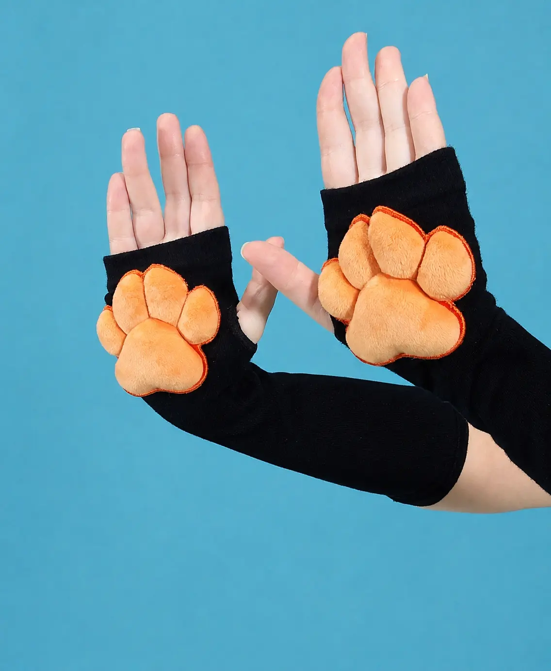 Orange Mochi Stuffed Cat Puffy Pawpad Bean on Black Gloves Furry Cosplay