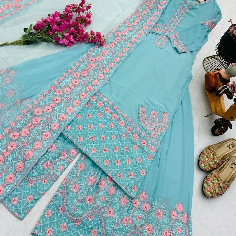 Women's Blue Simple Suit Indian Plazo Pakistani Style Wedding Party Wear with Floral Embroidery and Matching Dupatta