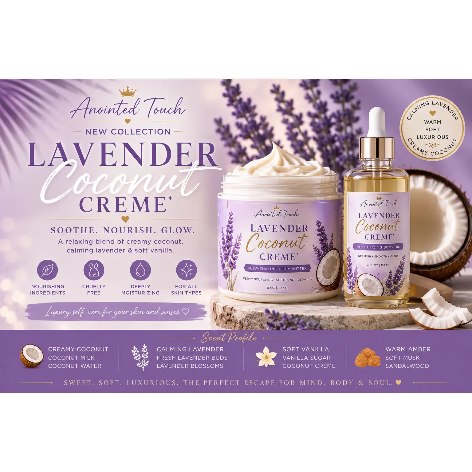 ✨🥥 Lavender Coconut Creme’ Moisturizing Body Oil