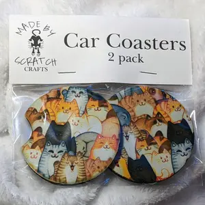So Many Cats! 2 pack of car coasters (fits most cars) - easy to clean