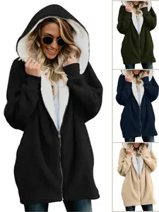 Autumn and winter new women's hooded zipper cardigan wool jacket plush sweater Cotton Casual Slim-fitting Floral