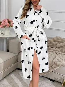 Women's Fluffy Autumn/Winter Robe with Full White Base Heart Print, Soft & Comfortable, Smooth, Featuring Side Pockets with Matching Pattern and Belt, Ideal for Home, Casual, and Sleepwear in Autumn/Winter