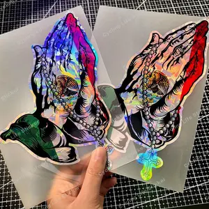 1PC Mexican Praying Hands colorful laser effect sticker, waterproof and scratch-resistant, suitable for cars, motorcycles, trucks, glass, metal surfaces - DIY interlocking hands decorative sticker, spiritual sticker, Vehicle Exterior Decoration
