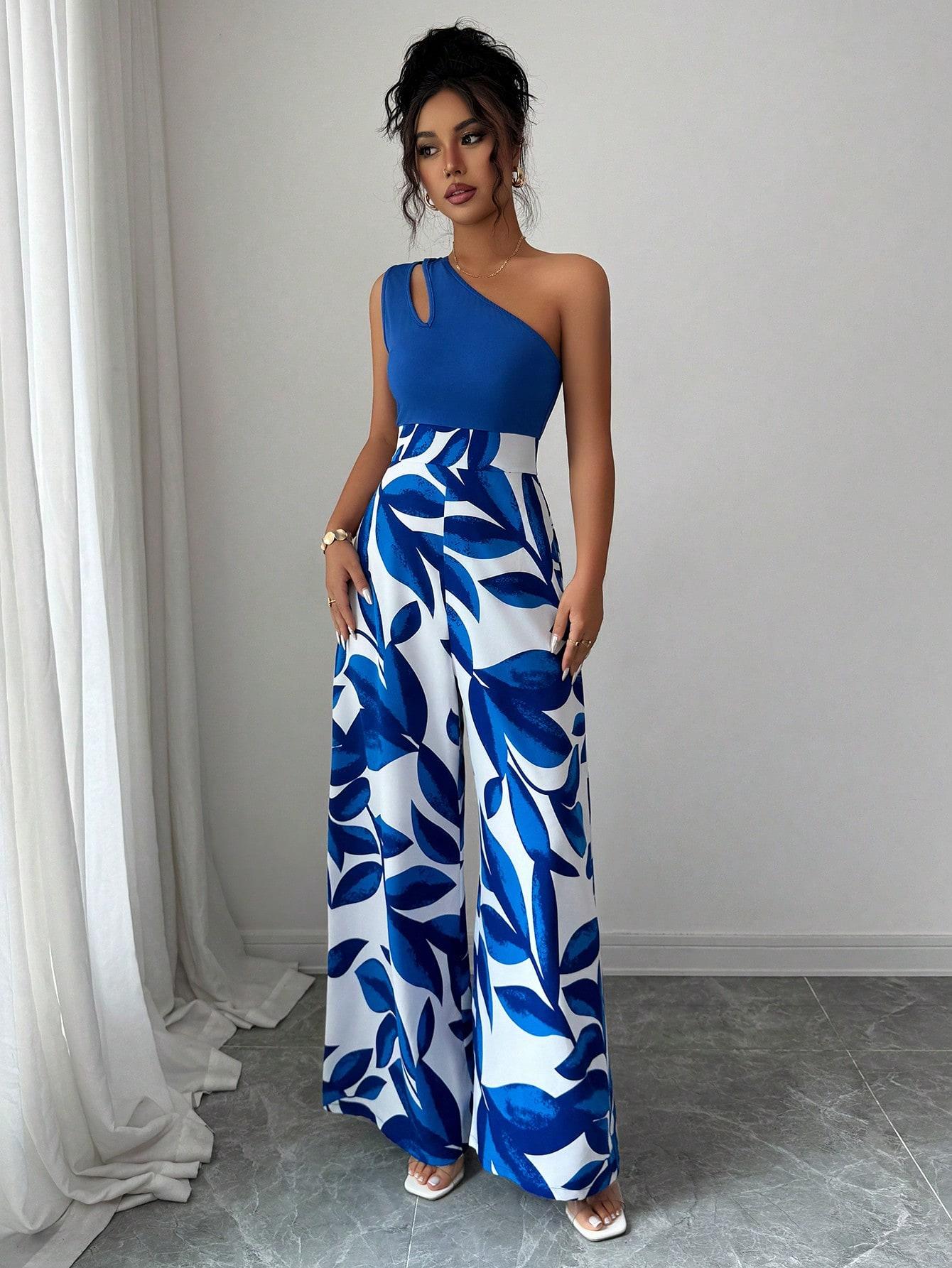 ASANDY Women's One Shoulder Cutout Wide Leg Jumpsuit Leaf Print High Waist Colorblock Casual Jumpsuit Elegant Silhouette Versatile Style Perfect For Vacation Date Night Streetwear & Daily Looks