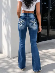 Women's Jeans Feather Wings Flower Embroidery Mid Rise Stretchy Bootcut Slim Fit Denim with Artistic Embroidery Details and Buttery-Soft High Elasticity Fabric - Basic