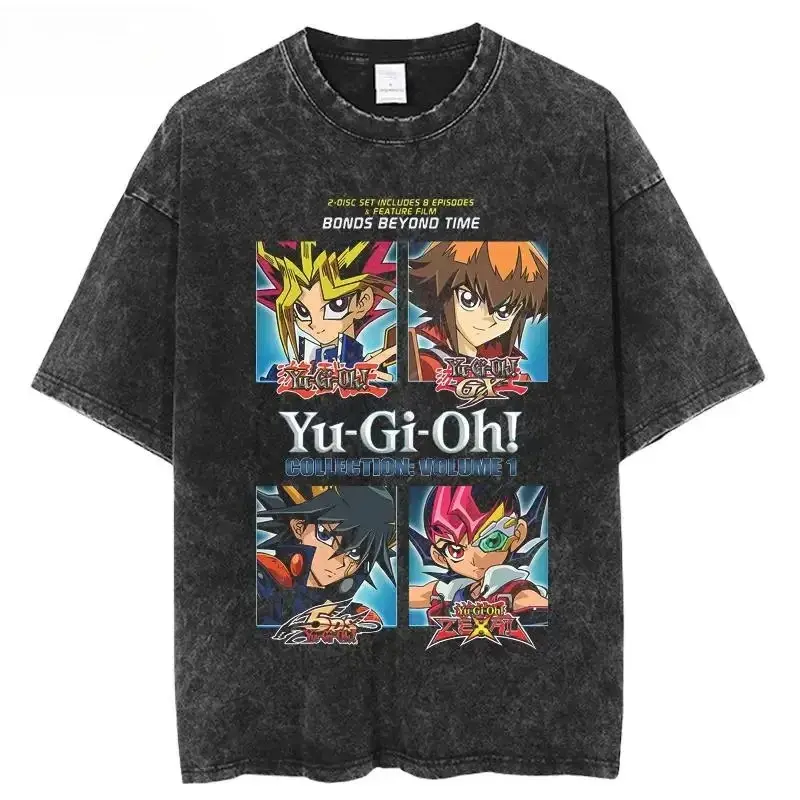 Women's Stylish Short-Sleeve Yu-Gi-Oh BONDS BEYOND TIME Collection Vol 1 Oversized T-Shirt - 4 Generations Yugi Jaden Yusei Yuma Graphic, Vintage Anime, Acid Wash Streetwear, Heavyweight Cotton Harajuku Unisex Apparel