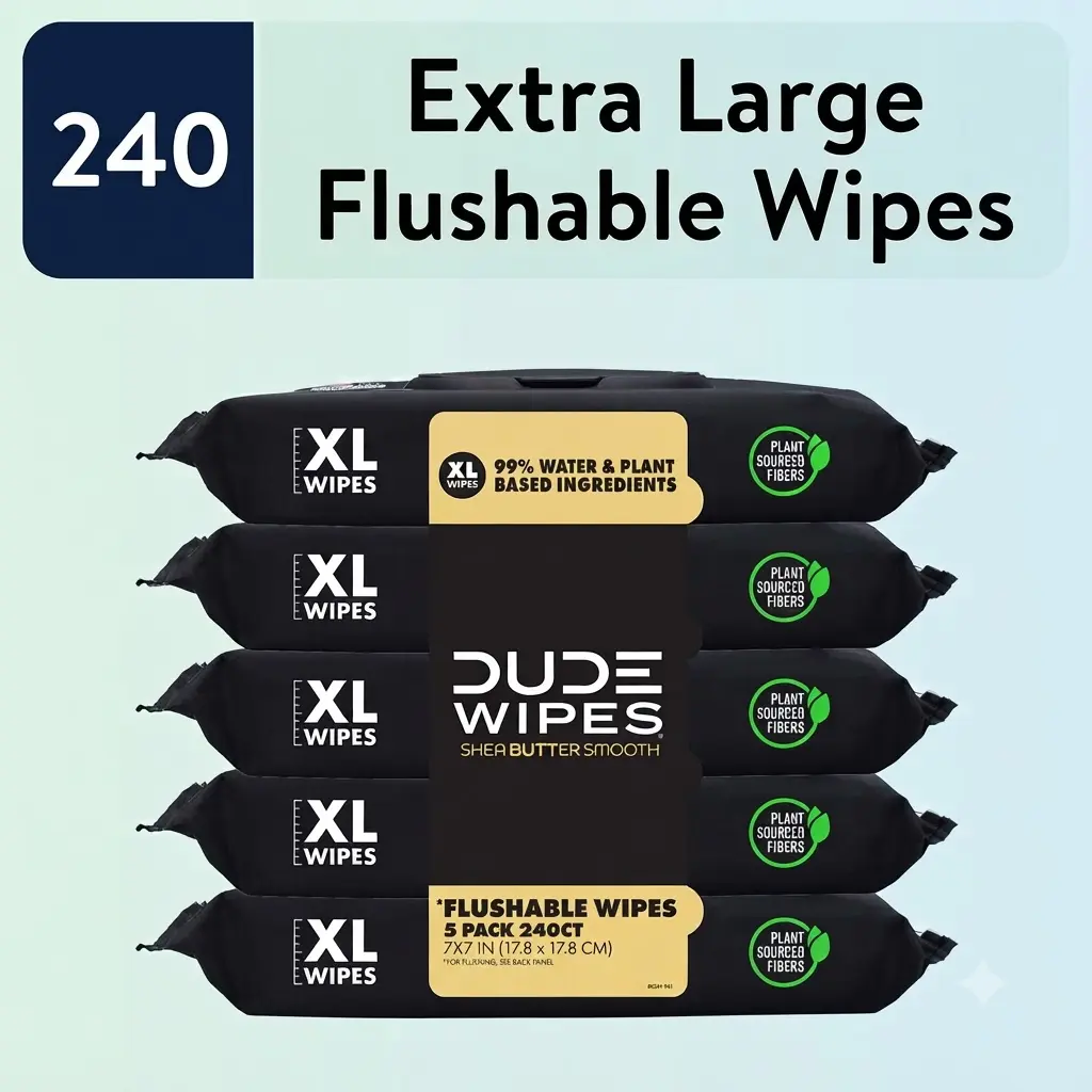 DUDE Flushable Wipes Extra Large Shea BUTTer Smooth Wet Wipes 240 Count Plant Based Bathroom Paper For Personal Care