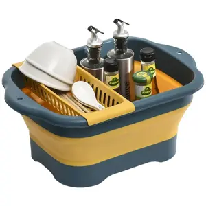 Collapsible Kitchen Washing Basket, Silicone Foldable Colander with Drainage Function, Portable Hanging Fruit Vegetable Strainer, Multifunctional Mobile Sink Dish Drainer for Kitchen