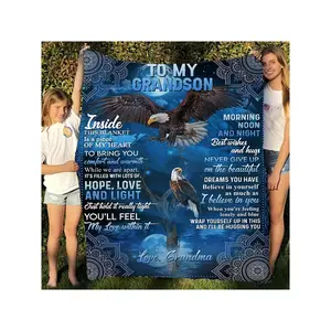Grandson's Name Flannel Blanket From Grandma - Soft Quilted Bedspread With Grandchild Photo/Text Insert Space, All-Season Cozy Throw, Washable Bed, Couch & (Grandkids Bedding)