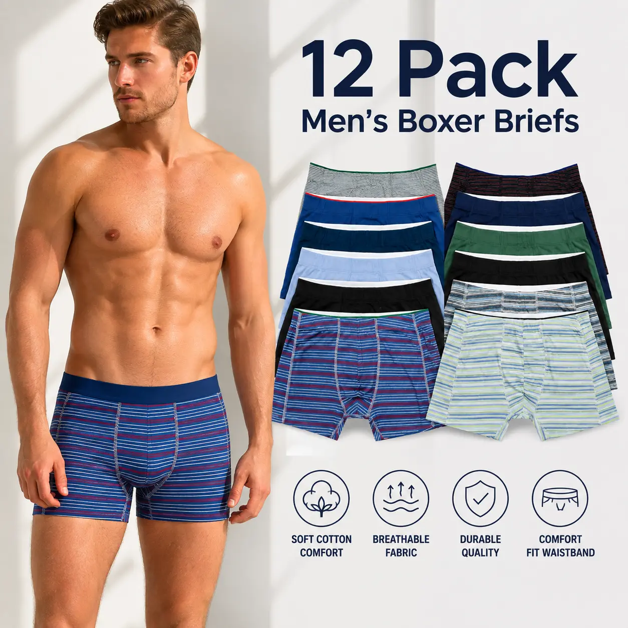 Men’s Boxer Briefs 12 Pack – Premium Cotton Stretch Underwear, Soft Tag-Free Waistband, Breathable Everyday Comfort, Sizes S–XL Fabric Menswear Elastic Plain