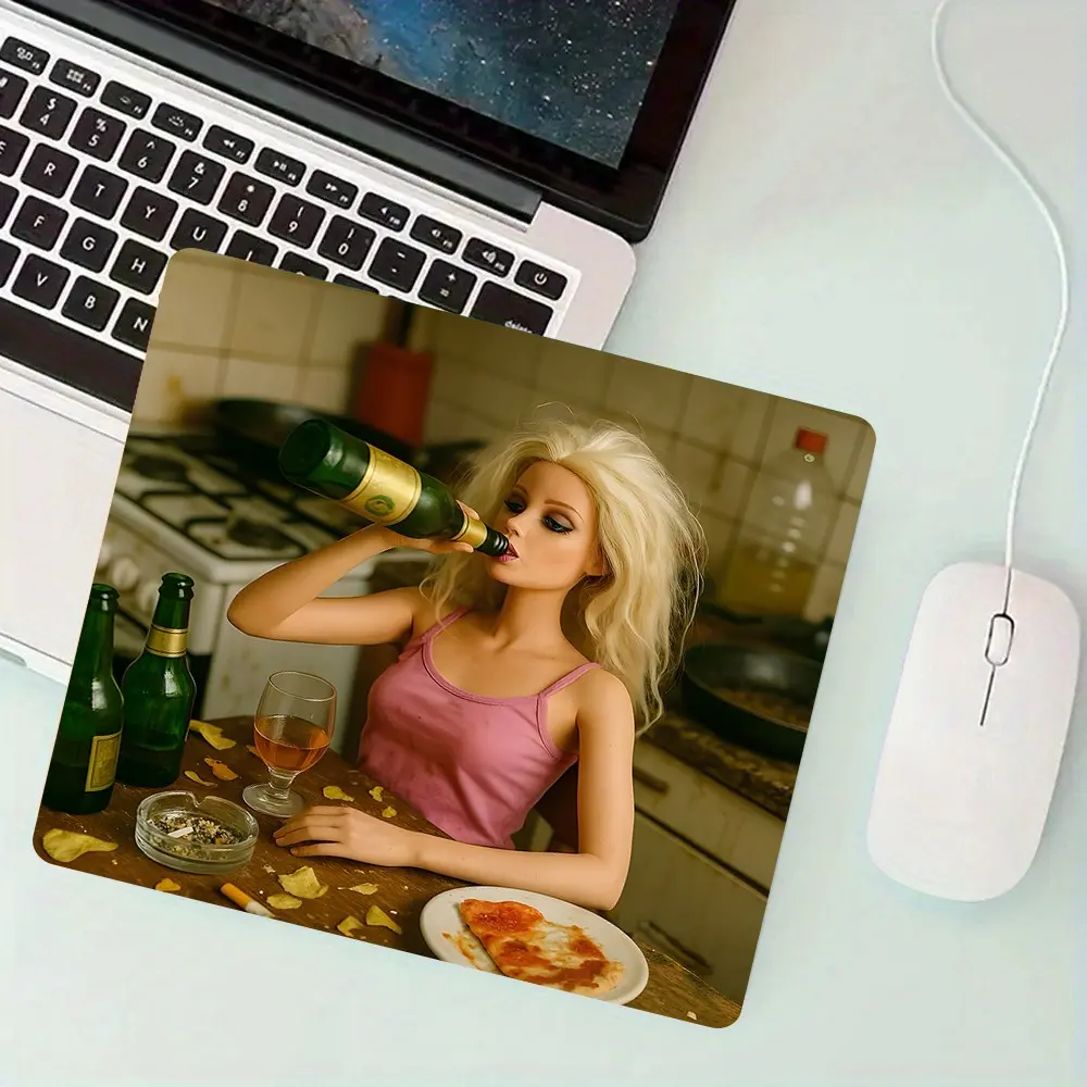 Funny Drunk Party Doll Small Square Mouse Pad, Stitched Lockedge Rubber Anti-Slip Protective Desk Mat, Ideal for Meme Fans, Gamers & Home Office Decor
