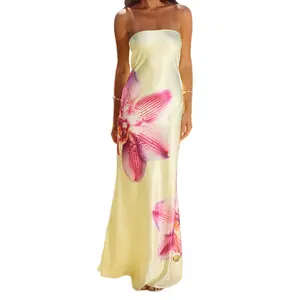 Women Summer Long Bandeau Dress Sleeveless Off Shoulder Flower Print Tube Top Dress