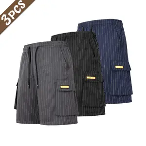 3-Pack Pinstriped Tooling Multi-Pocket Drawstring Shorts Fashion Versatile Drawstring Loose Casual Five-Point Pants