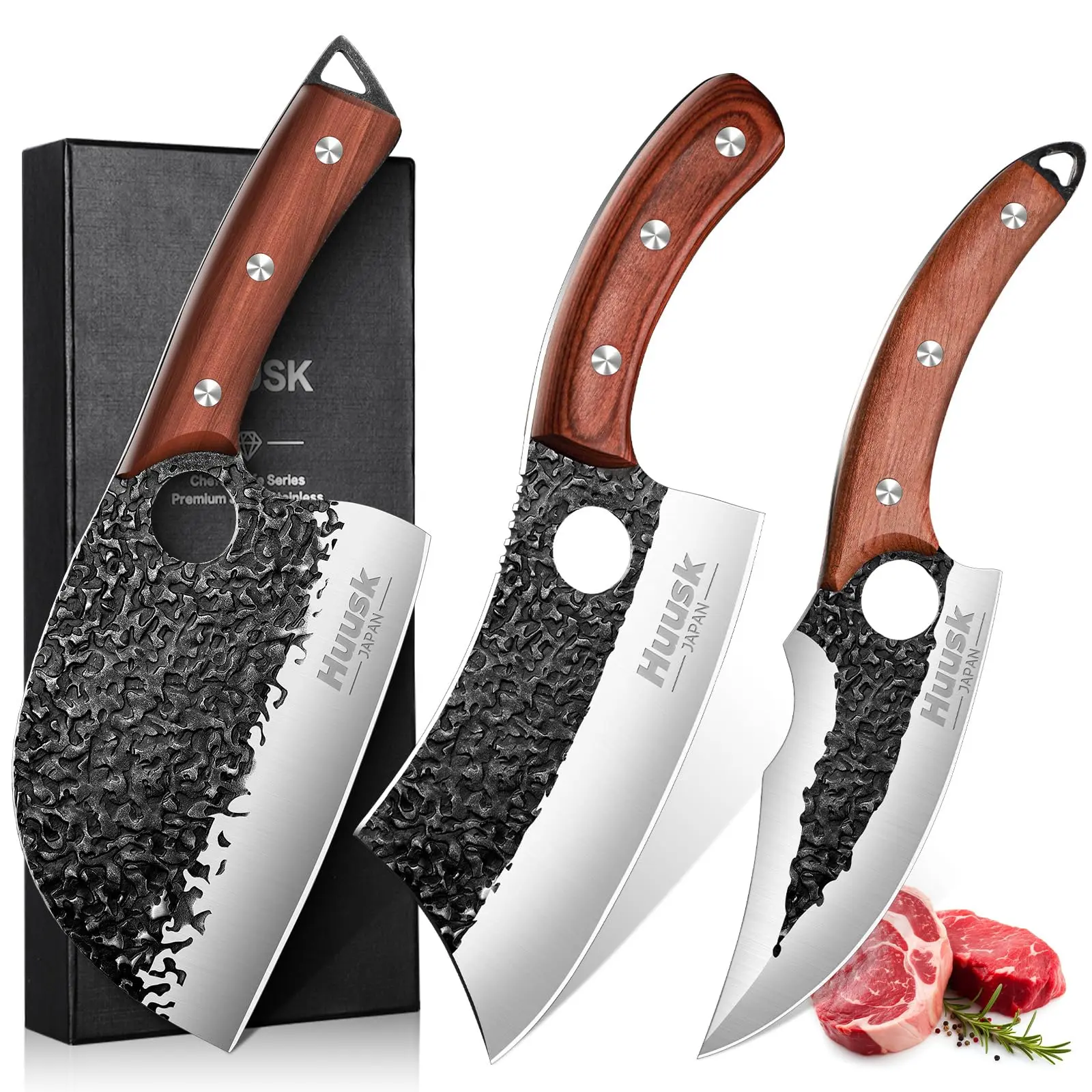 Huusk Butcher Knife Set - 3PCS Kitchen Knife Set for Meat Cutting, Home & Outdoor Cooking - Wood, Wooden,Christmas/BlackFriday Gift,knife set